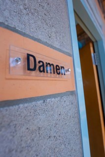 Close-up of a sign with the words' ladies' on a concrete wall next to a door, Schlehengäu