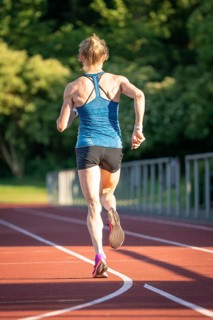 Back view of a running athlete on a red track surrounded by nature, middle distance runner