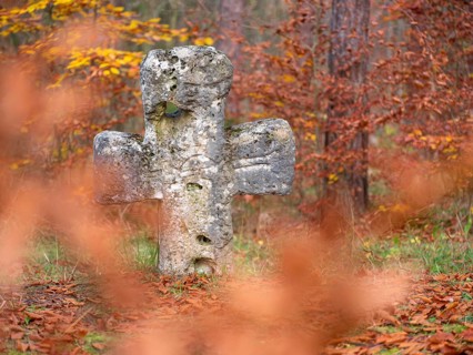 Medieval stone cross in the forest in autumn, atonement cross, murder cross, court cross, Spaal