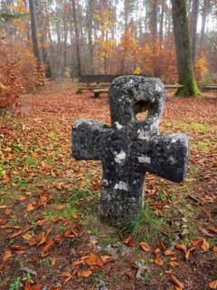 Medieval stone cross in the forest in autumn, atonement cross, murder cross, court cross, Spaal