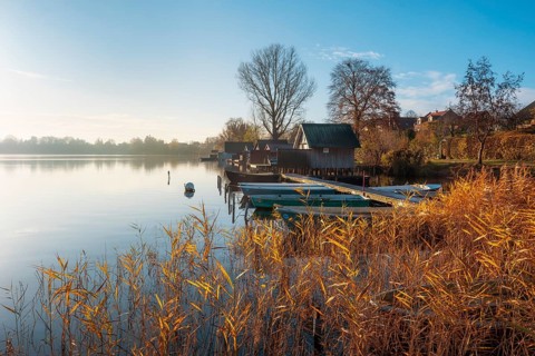 Jetty with rowing boats and boathouses at Schaalsee in morning light, reeds in autumn colors,
