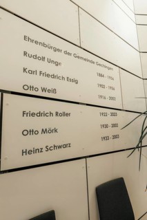 Panel with honorary citizens' names in a minimalistic interior, Gechingen Town Hall, Calw district,