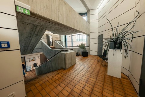 Modern, minimalistic staircase with concrete and wood elements, Gechingen Town Hall, Calw district,