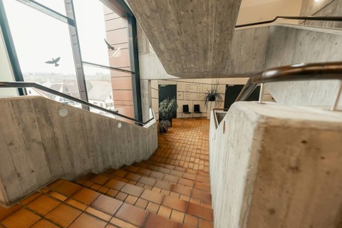 Architectural scene with concrete steps in a modern building, Gechingen Town Hall, Calw district,