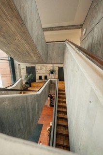Staircase in a modern building with concrete architecture and large windows, Gechingen Town Hall,