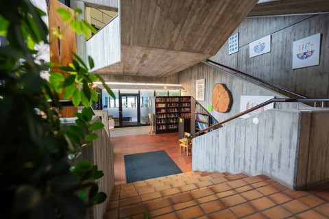 Staircase with modern architecture and art on the wall, Gechingen Town Hall, Calw District, Germany