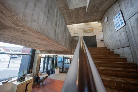 Architecture with modern concrete staircase, minimalistic design and lighting, Gechingen Town Hall,