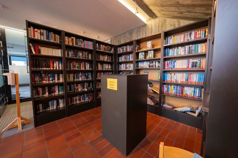 Cosy reading room in a modern library with wooden tiles, Gechingen Town Hall, Calw District,