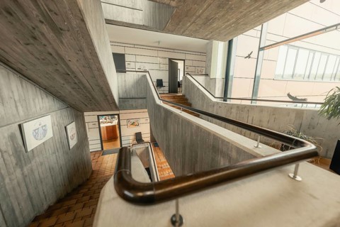 Modern staircase with concrete and wooden details, open structure and interior decoration,