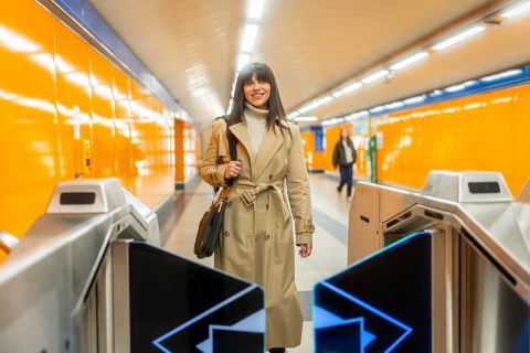 Young woman confidently walking through an automatic turnstile at a modern subway entrance, smiling