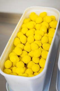 Many yellow balls in a plastic container, presented industrially, chocolate quail eggs, Easter