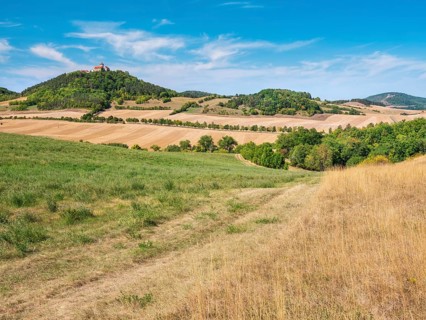 View of hilly landscape with meadows, fields and forests of Wachsenburg Castle and the ruins of