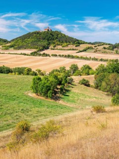 View of hilly landscape with meadows, fields and forests of Wachsenburg Castle in summer,