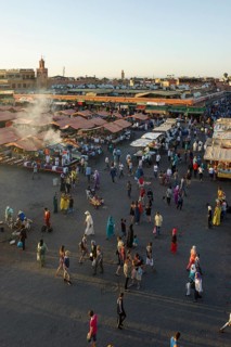 Place Djemma el-Fna, Gauklerplatz, UNESCO World Heritage Site, sunset, Marrakech, Morocco