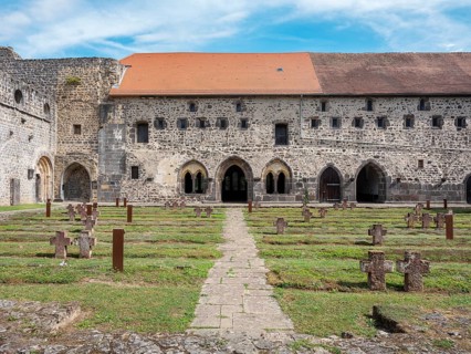 Arnsburg Abbey, courtyard with military cemetery, district of Lich, Hesse, Germany