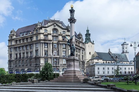 Monument to Polish poet Adam Mickiewicz on Marienplatz, Lviv, Ukraine