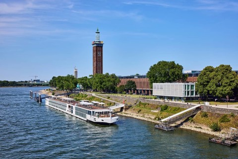 Rhine river, Rheinhallen exhibition halls, brick architecture, exhibition tower, general
