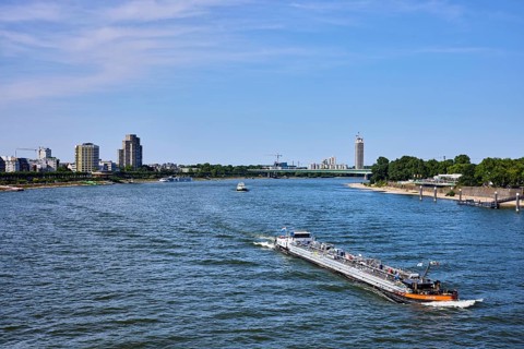 Rhine river, total view, general architecture, skyscrapers, car bridge, zoo bridge, trees, tanker