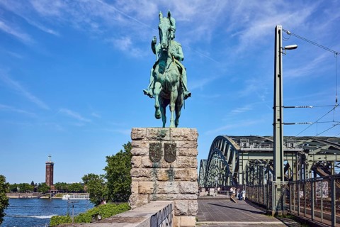 Emperor Frederick III, equestrian statue, sandstone wall, pedestrian and railway bridge, bridge,