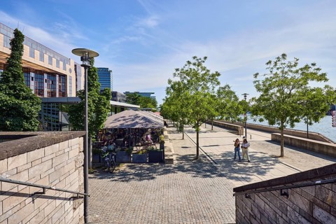 Staircase, natural stone wall, waterfront, Rhine river, commercial building, modern architecture,