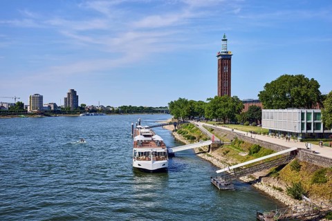 Rhine river, Rheinhallen exhibition halls, brick architecture, exhibition tower, general