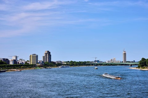 Rhine river, total view, general architecture, skyscrapers, car bridge, zoo bridge, trees, tanker,