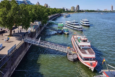 Rhine river, general architecture, Zoobrücke car bridge, footpath and cycle path, waterfront, boat