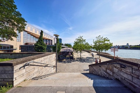 Staircase, natural stone wall, waterfront, Rhine river, commercial building, modern architecture,