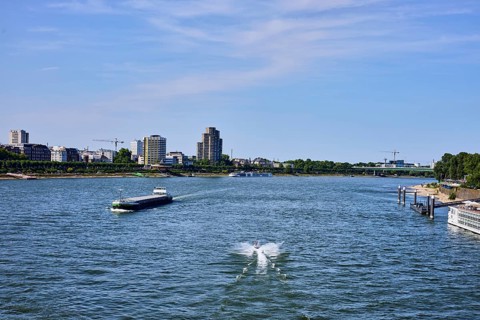 Rhine river, total view, European ship Pankgraf, jet ski, car bridge, zoo bridge, general