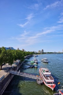 Rhine river, general architecture, Zoobrücke car bridge, footpath and cycle path, waterfront, boat