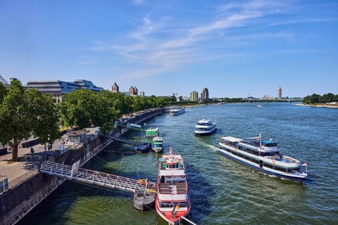 Rhine river, general architecture, Zoobrücke car bridge, footpath and cycle path, waterfront, boat