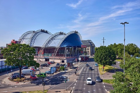 Musical Dome, large tent, road, general architecture, road markings lanes and stop line, cars,
