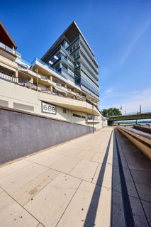 Rhine river, Rhine kilometer 688, kilometer marking, general development, commercial buildings,