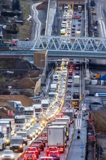 Traffic jam at the permanent construction site of the A8 motorway near Pforzheim-Ost. One side of