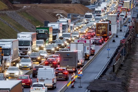 Traffic jam at the permanent construction site of the A8 motorway near Pforzheim-Ost. One side of