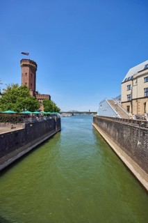 Rhine river, historic port, Rheinauhafen, quay wall, defense tower, Malakoff tower, building,