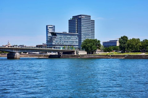 Rhine river, MaxCologne high-rise building, Lanxess, corporate headquarters, car bridge and