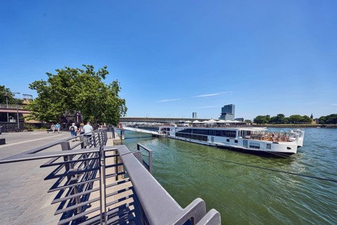 Rhine river, Viking Hlin river cruise ship, Viking Cruises, waterfront, metal railings, high-rise
