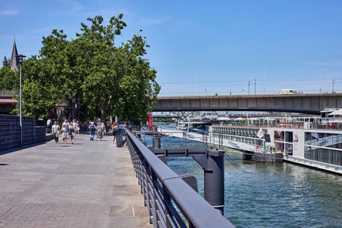 Rhine river, waterfront, metal railing, lantern, ship, gangway, bridge, Deutz bridge, pedestrian as