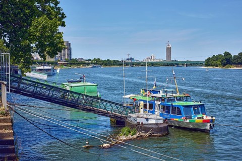 Rhine river, Strolch ferry, Weisbarth Fahrgastschiff GmbH, gangway, quay, quay wall, general