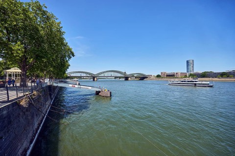 Rhine river, sightseeing boats, total view, general architecture, high-rise buildings, pedestrian