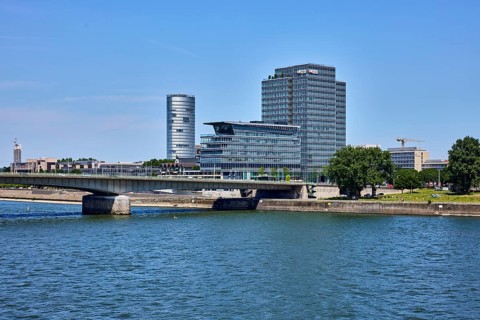Rhine river, KölnTriangle and MaxCologne skyscrapers, Lanxess, corporate headquarters, car bridge