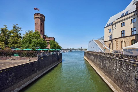 Rhine river, historic port, Rheinauhafen, quay wall, defense tower, Malakoff tower, building,