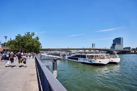 Rhine river, Viking Hlin river cruise ship, Viking Cruises, car bridge and footbridge, waterfront,