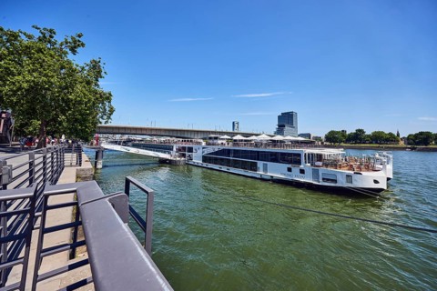 Rhine river, Viking Hlin river cruise ship, Viking Cruises, waterfront, metal railings, high-rise