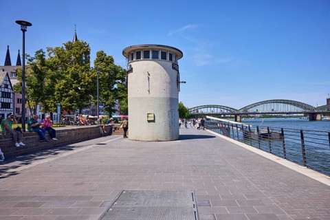 Level, river Rhine, waterfront, metal railing, lantern, sandstone wall, general architecture, boat