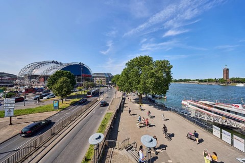 Rhine river, large tent Musical Dome, exhibition tower, general architecture, footpath, waterfront,