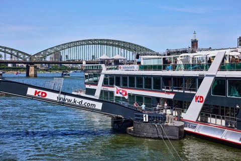 Rhine river, excursion boat, gangway, Cologne-Düsseldorfer Deutsche Rheinschiffahrt GmbH, bridge,