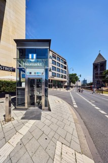 Heumarkt subway stop, church tower of Klein St. Martin, general development, commercial building,