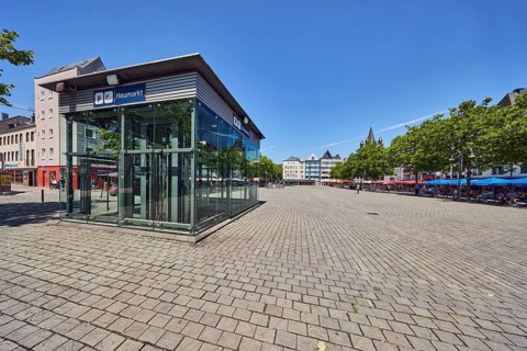 Underground car park, modern architecture, general development, paving stone square, trees, blue